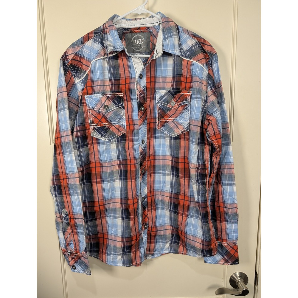 BKE Athletic Fit Mens Large Red White Blue Plaid Western Long Sleeve Shirt